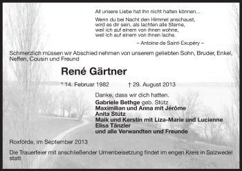 Traueranzeige von René Gärtner von Uelzen