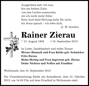 Traueranzeige von Rainer Zierau von Uelzen