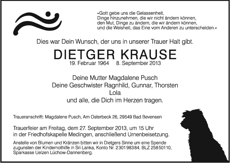  Traueranzeige für Dietger Krause vom 14.09.2013 aus Uelzen