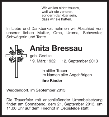 Traueranzeige von Anita Bressau von Uelzen