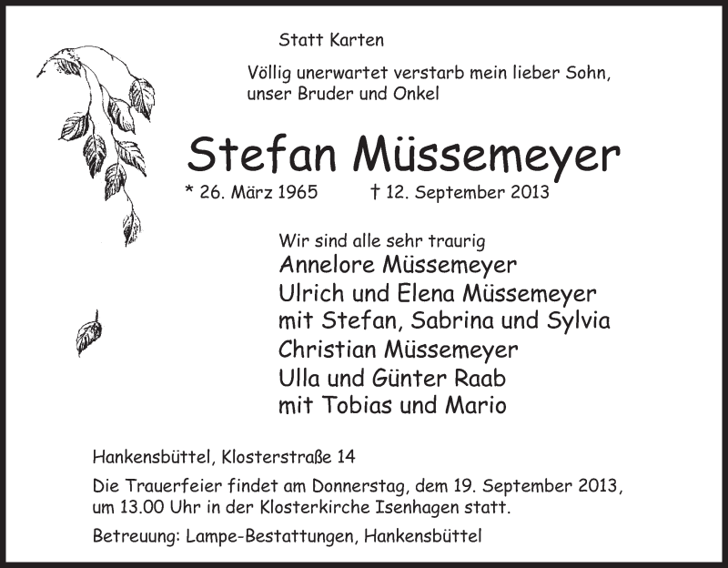  Traueranzeige für Stefan Müssemeyer vom 14.09.2013 aus Uelzen