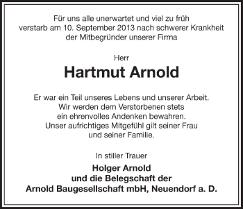 Traueranzeige von Hartmut Arnold von Uelzen