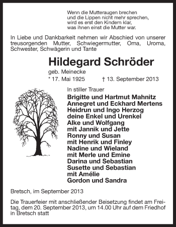 Traueranzeige von Hildegard Schröder von Uelzen