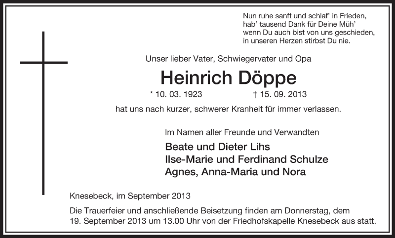  Traueranzeige für Heinrich Döppe vom 17.09.2013 aus Uelzen