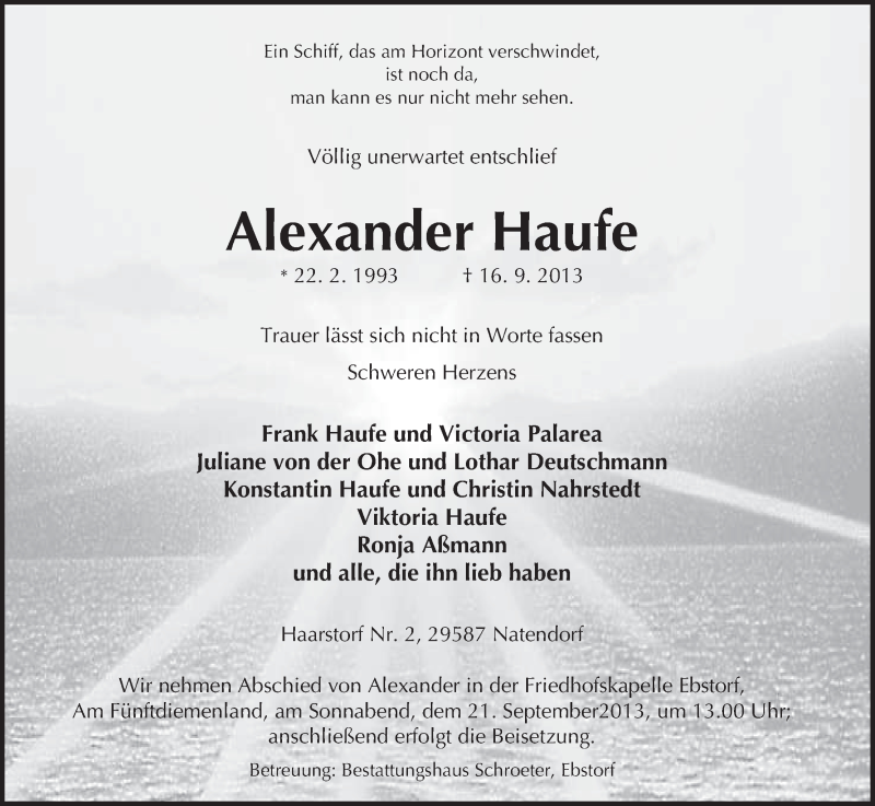  Traueranzeige für Alexander Haufe vom 18.09.2013 aus Uelzen