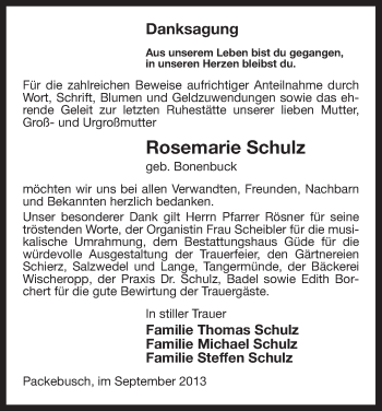 Traueranzeige von Rosemarie Schulz von Uelzen