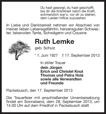 Traueranzeige von Ruth Lemke von Uelzen