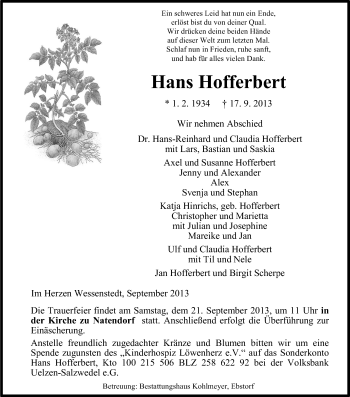 Traueranzeige von Hans Hofferbert von Uelzen