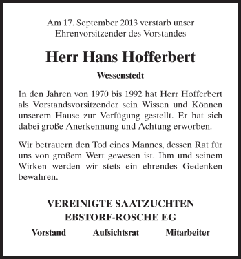 Traueranzeige von Hans Hofferbert von Uelzen