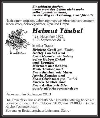 Traueranzeige von Helmut Täubel von Uelzen