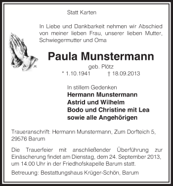 Traueranzeige von Paula Munstermann von Uelzen