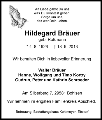 Traueranzeige von Hildegard Bräuer von Uelzen