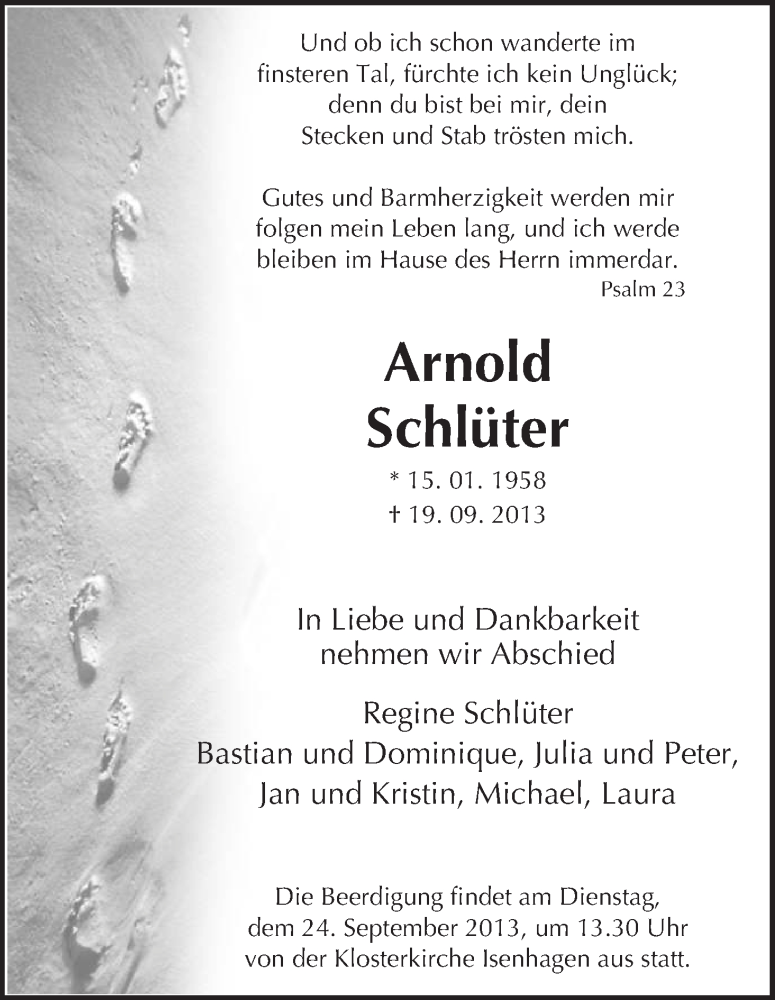  Traueranzeige für Arnold Schlüter vom 21.09.2013 aus Uelzen