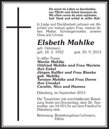 Traueranzeige von Elsbeth Mahlke von Uelzen