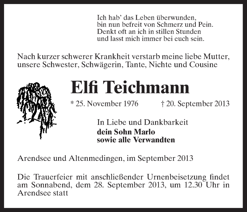  Traueranzeige für Elfi Teichmann vom 24.09.2013 aus Uelzen