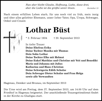 Traueranzeige von Lothar Büst von Uelzen