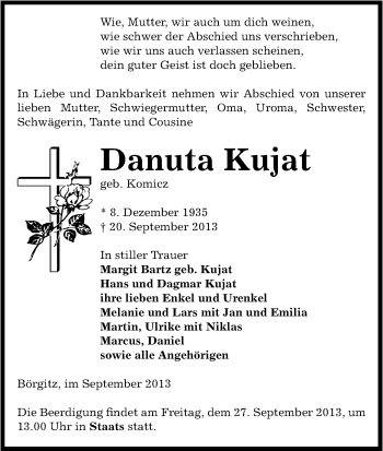 Traueranzeige von Danuta Kujat von Uelzen