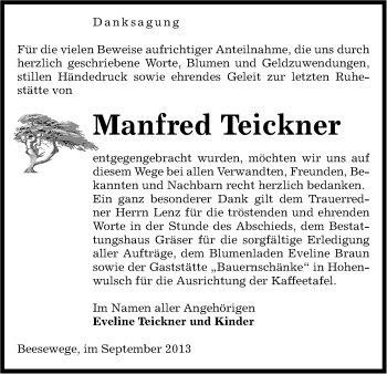 Traueranzeige von Manfred Teickner von Uelzen