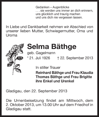 Traueranzeige von Selma Bäthge von Uelzen