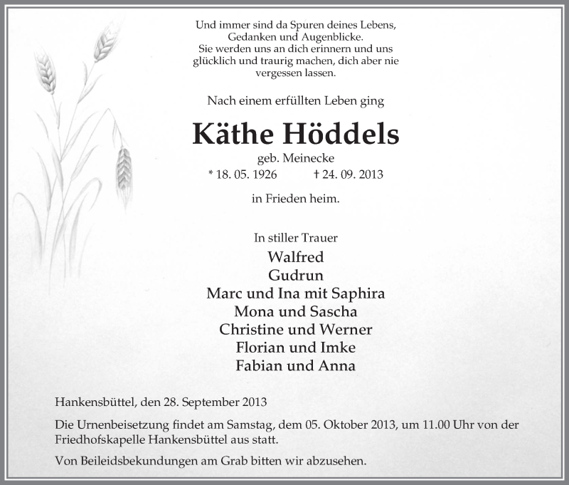  Traueranzeige für Käthe Höddels vom 28.09.2013 aus Uelzen