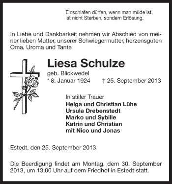 Traueranzeige von Liesa Schulze von Uelzen