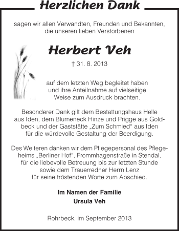 Traueranzeige von Herbert Veh von Uelzen