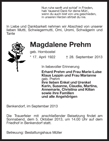 Traueranzeige von Magdalene Prehm von Uelzen