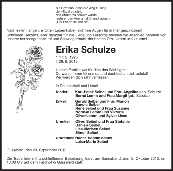 Traueranzeige von Erika Schulze von Uelzen