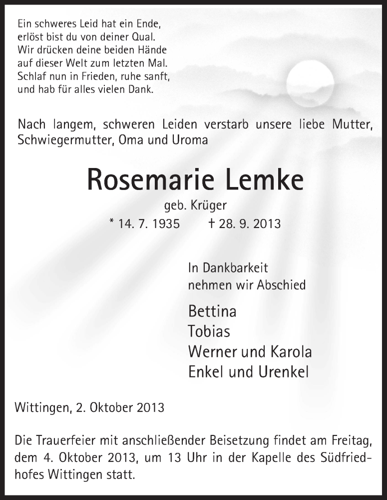  Traueranzeige für Rosemarie Lemke vom 02.10.2013 aus Uelzen