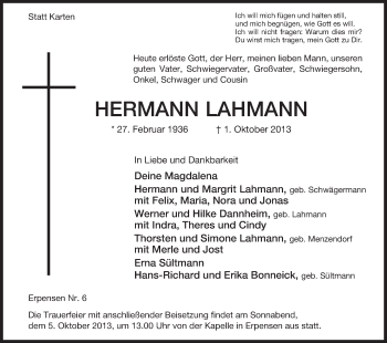 Traueranzeige von Hermann Lahmann von Uelzen