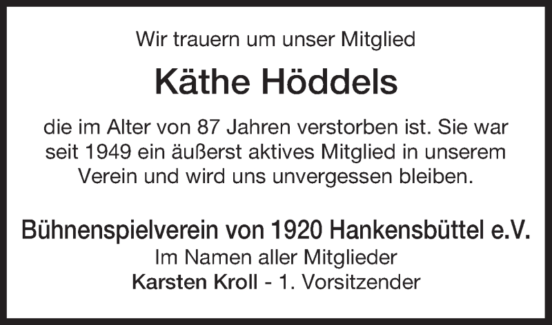  Traueranzeige für Käthe Höddels vom 05.10.2013 aus Uelzen