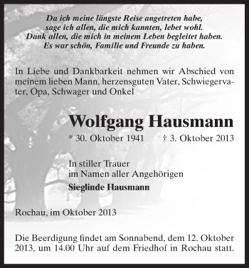 Traueranzeige von Wolfgang Hausmann von Uelzen