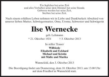 Traueranzeige von Ilse Wernecke von Uelzen