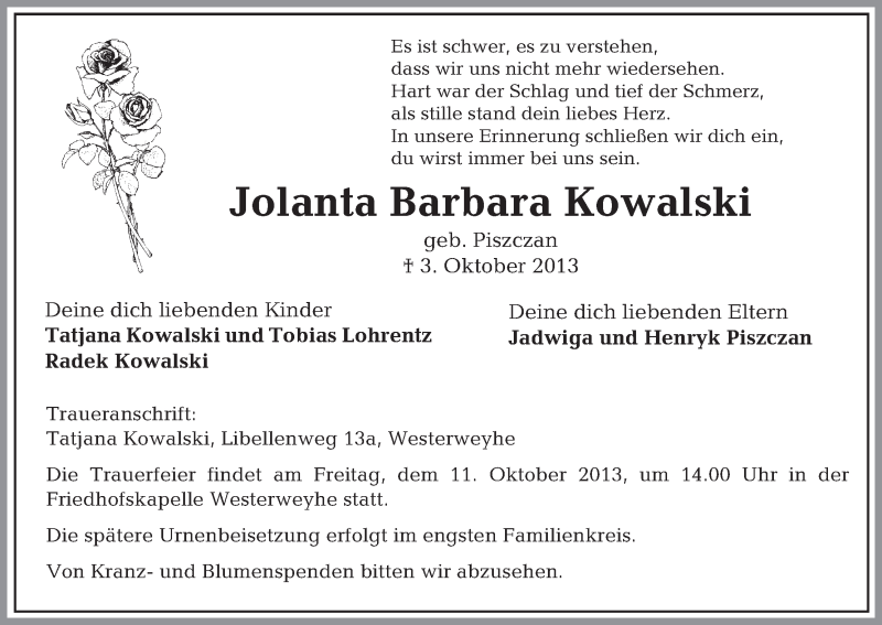  Traueranzeige für Jolanta Barbara Kowalski vom 09.10.2013 aus Uelzen