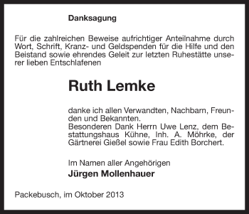 Traueranzeige von Ruth Lemke von Uelzen