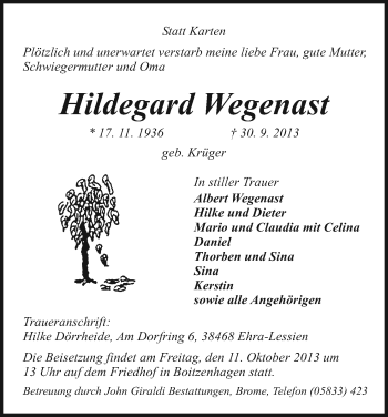 Traueranzeige von Hildegard Wegenast von Uelzen