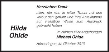 Traueranzeige von Hilda Ohlde von Uelzen