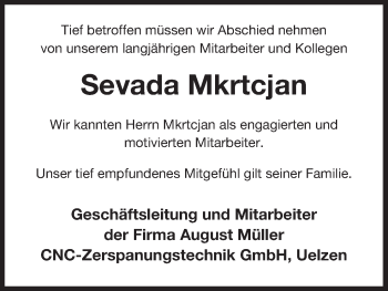 Traueranzeige von Sevada Mkrtcjan von Uelzen