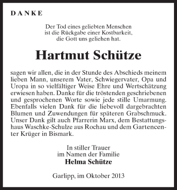 Traueranzeige von Hartmut Schütze von Uelzen