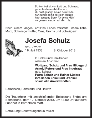 Traueranzeige von Josefa Schulz von Uelzen