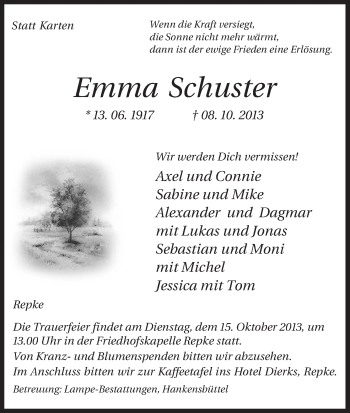 Traueranzeige von Emma Schuster von Uelzen