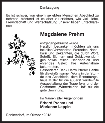 Traueranzeige von Magdalene Prehm von Uelzen