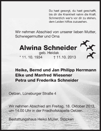 Traueranzeige von Alwina Schneider von Uelzen