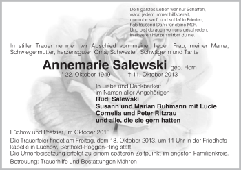 Traueranzeige von Annemarie Salewski von Uelzen