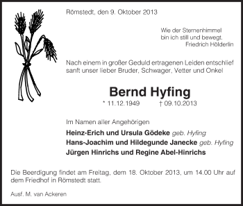 Traueranzeige von Bernd Hyfing von Uelzen