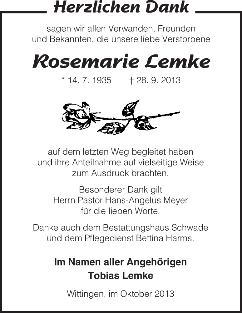  Traueranzeige für Rosemarie Lemke vom 26.10.2013 aus Uelzen