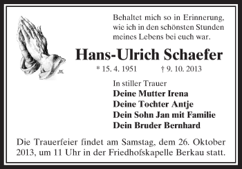 Traueranzeige von Hans-Ulrich Schaefer von Uelzen