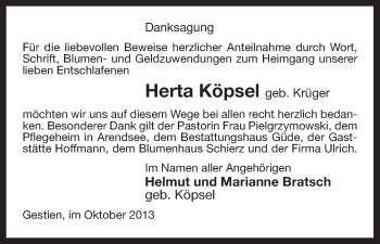 Traueranzeige von Herta Köpsel von Uelzen