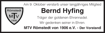 Traueranzeige von Bernd Hyfing von Uelzen