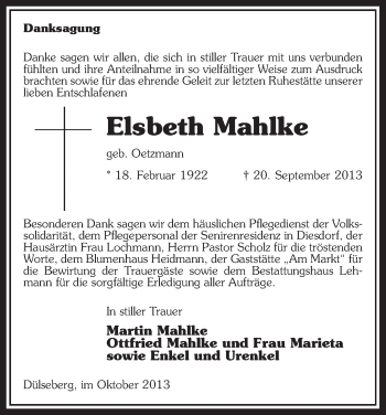 Traueranzeige von Elsbeth Mahlke von Uelzen